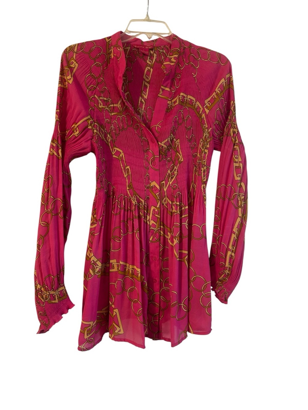 Women's Sunny Leigh hot pink gold chain link print blouse Size L